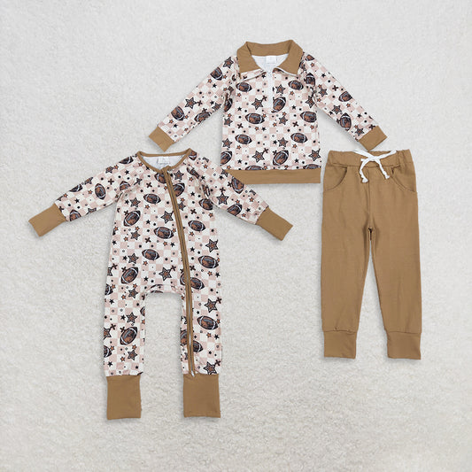 Sibling Baby Boys Khaki Checked Stars Footballs Pullovers Pockets Pants Team Clothes Sets Zipper Footie Rompers D 919