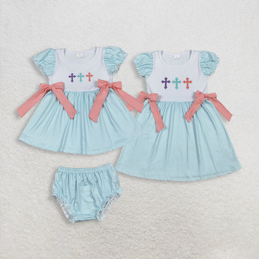 Embroidery Crosses Baby Girls Bows Easter Knee Length Dresses Bummies Clothes Sets  D 1110