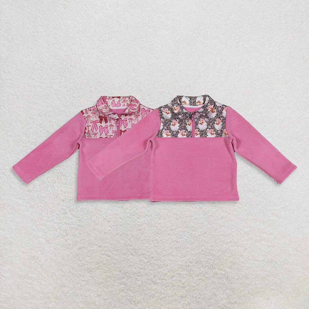 Sibling Baby Girls Pink Bows Plaid Leopard Santa Quatrefoil Zipper Pullover Sherpa Tops  D 926