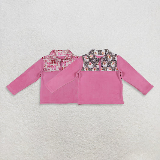 Sibling Baby Girls Pink Bows Plaid Leopard Santa Quatrefoil Zipper Pullover Sherpa Tops  D 926
