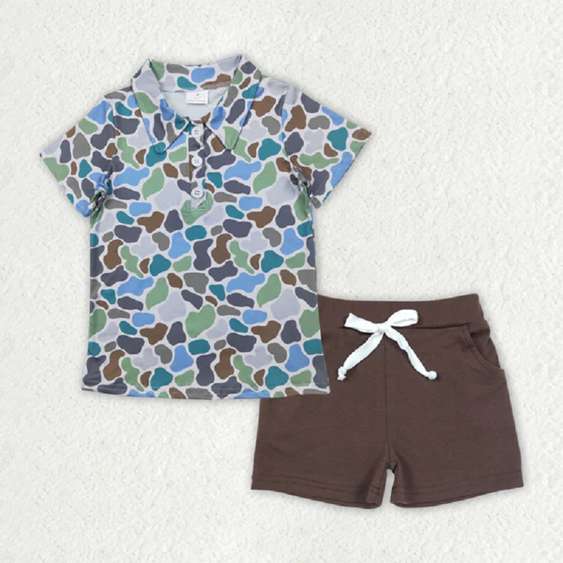 Sibling Baby Boys Camo Print Button Polo Shirts Pockets Short Western Set D 816