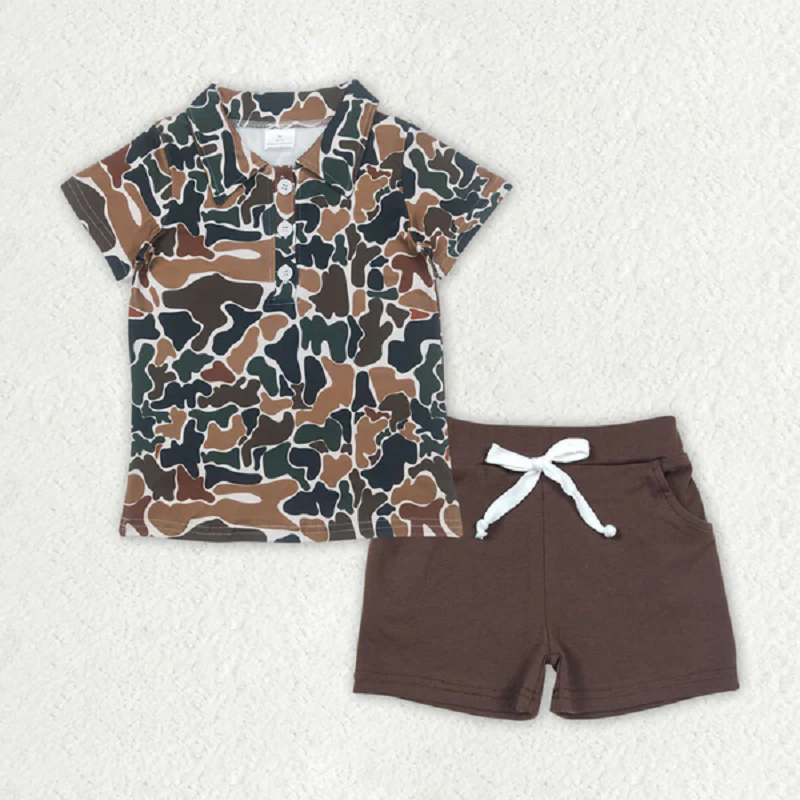 Sibling Baby Boys Camo Print Button Polo Shirts Pockets Short Western Set D 816