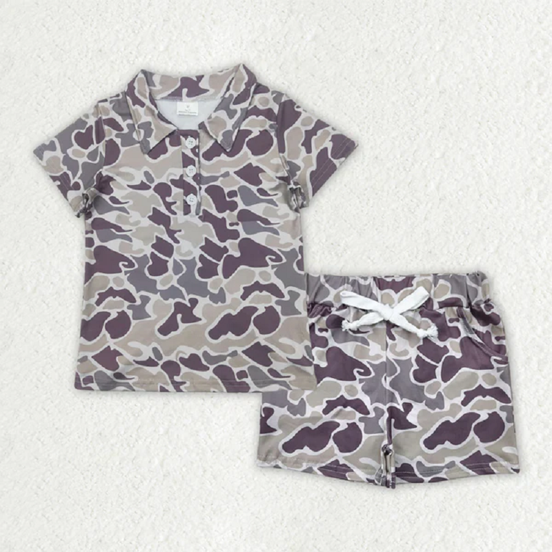 Sibling Baby Boys Camo Print Button Polo Shirts Pockets Short Western Set D 816