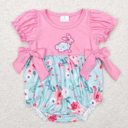 infant girl easter pink floral bunny embroidery bubble