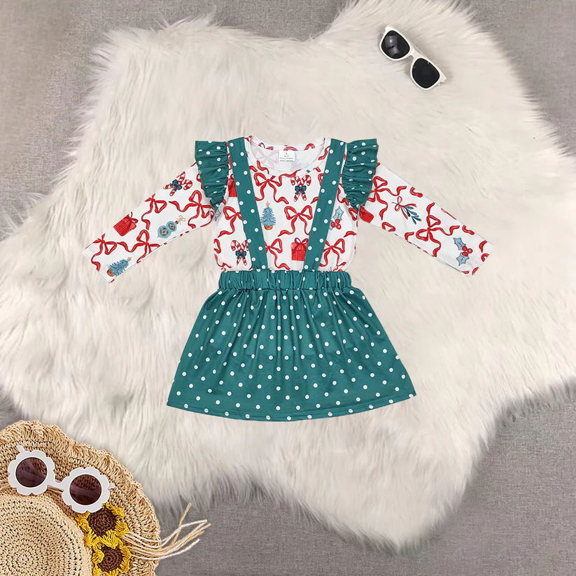 Match Christmas Bow Cane Pattern Polka Dot Green Lace Long Sleeve Suspender Dress Set Romper   D 5.26