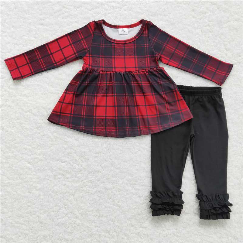 Sibling Baby Girls Long Ruffle Sleeves Santa Trees Lights Tunic Pants Christmas Clothes Sets   D 1115