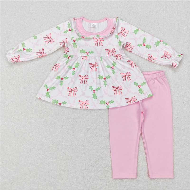 Sibling Baby Girls Long Ruffle Sleeves Santa Trees Lights Tunic Pants Christmas Clothes Sets   D 1115