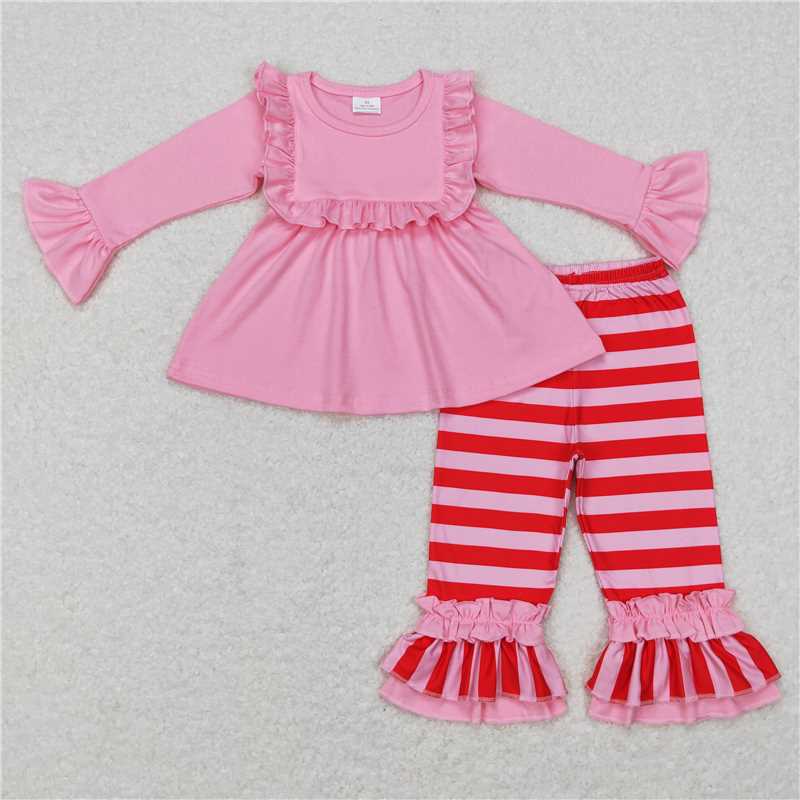 Sibling Baby Girls Long Ruffle Sleeves Santa Trees Lights Tunic Pants Christmas Clothes Sets   D 1115
