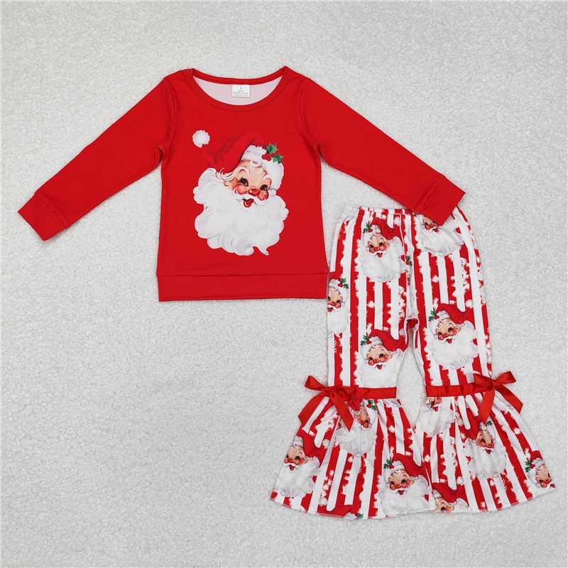 Sibling Baby Girls Long Ruffle Sleeves Santa Trees Lights Tunic Pants Christmas Clothes Sets   D 1115