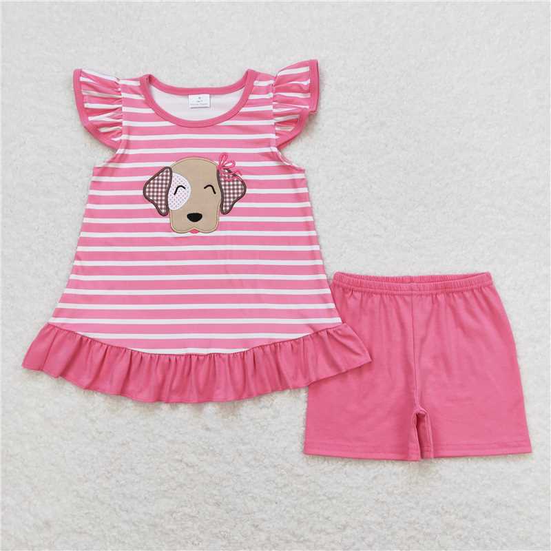 Match Embroidery Boys Baby Girls Stripes Dog Summer Clothes Sets D 4.19