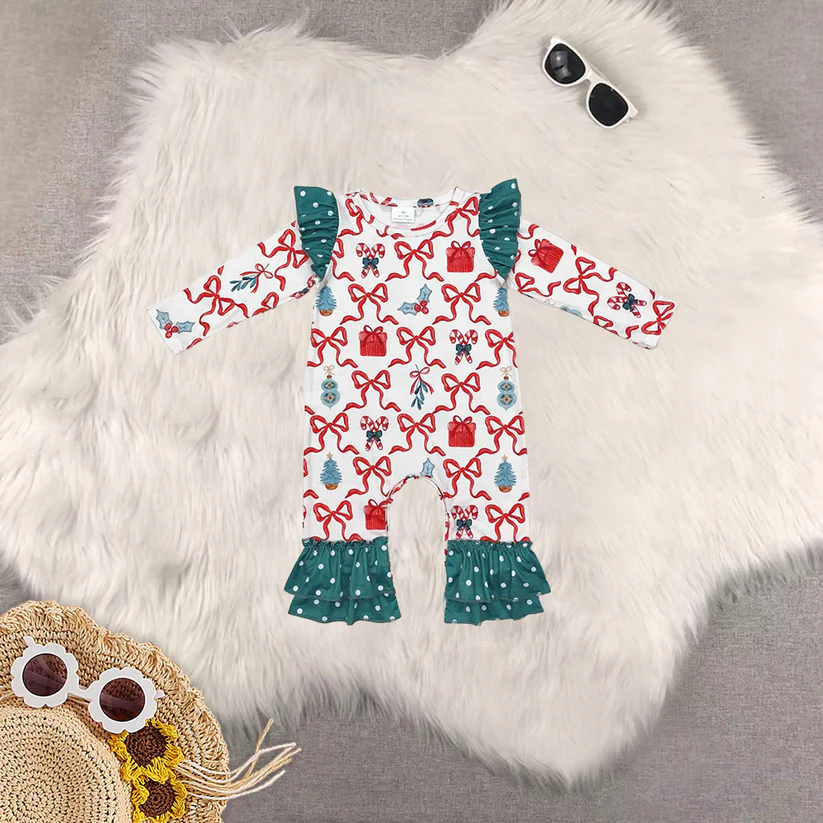 Match Christmas Bow Cane Pattern Polka Dot Green Lace Long Sleeve Suspender Dress Set Romper   D 5.26