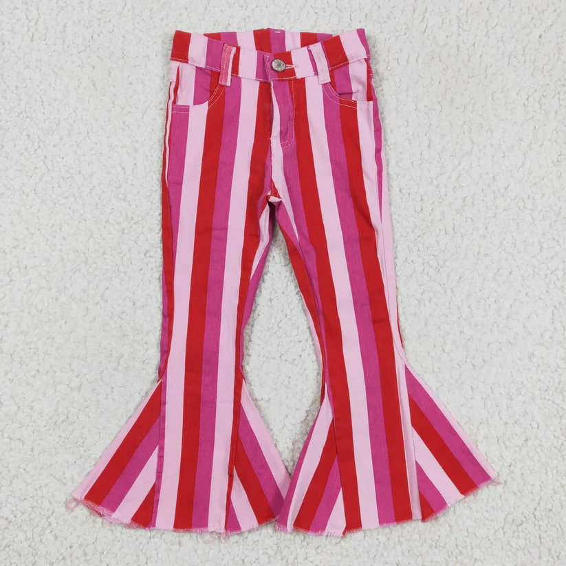 Sibling Baby Girls Colorful Stripes Bell Bottom Denim Jeans Pants D 927