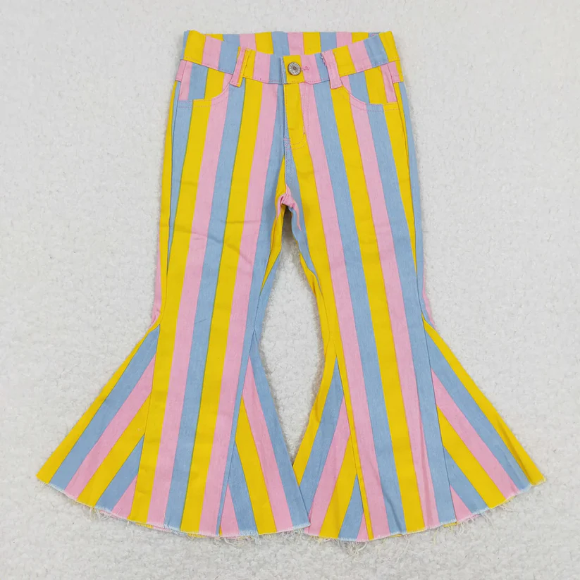 Sibling Baby Girls Colorful Stripes Bell Bottom Denim Jeans Pants D 927