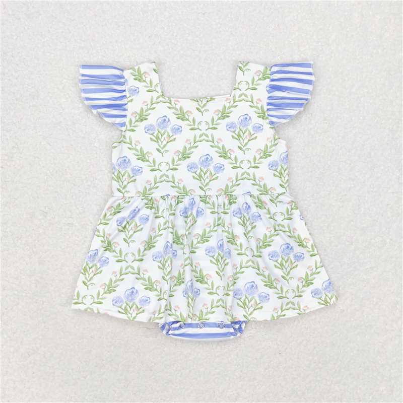 Match Baby Girls Green Blue Flowers Sibling Rompers Clothes Sets