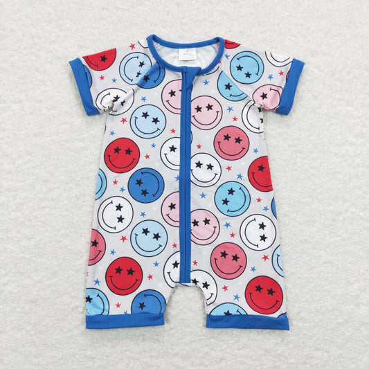 SR0692 Star Smiley Blue Gray Zip Short Sleeve Jumpsuit D 5.23