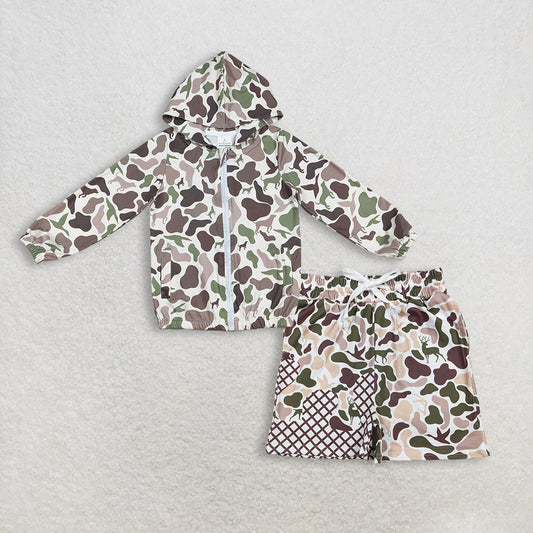 Baby Boys Camo Zipper Jacket with Pocket Southern Hunting Ducks Dogs Print Top Matching Deer Camo Drip Shorts Bottom Set