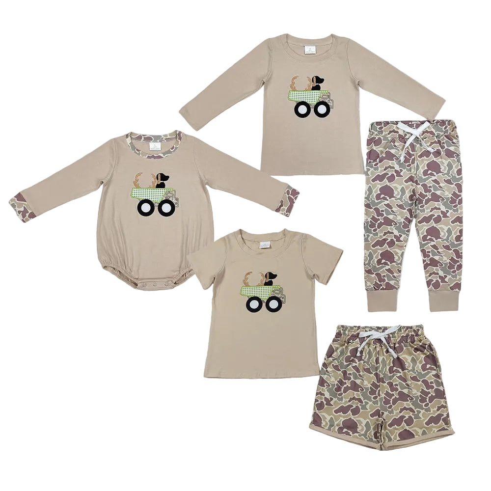 Sibling Baby Boys Embroidery Deer & Dog Truck Print Top with Shorts Hunting Themed Outfit Set Casual Kids Clothing Set
