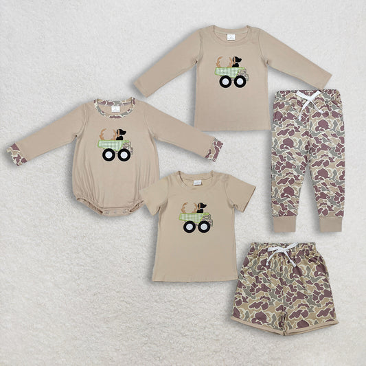 Sibling Baby Boys Embroidery Deer & Dog Truck Print Top with Shorts Hunting Themed Outfit Set Casual Kids Clothing Set