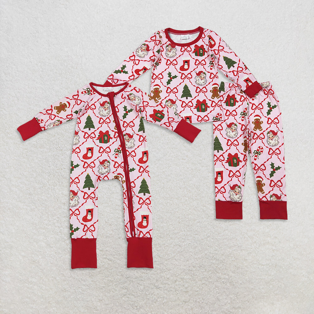 Sibling Baby Boys Bows Santa Socks Checked Top Pants Christmas Pajamas Sets Zipper Rompers D 1020