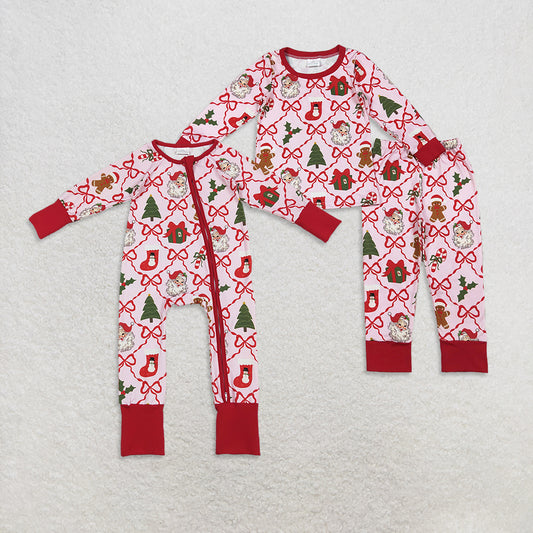 Sibling Baby Boys Bows Santa Socks Checked Top Pants Christmas Pajamas Sets Zipper Rompers D 1020