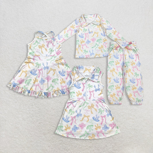 Sibling Baby Girls Colorful Bows Yoga Active Skort Knee Length Dress Sets D 1028