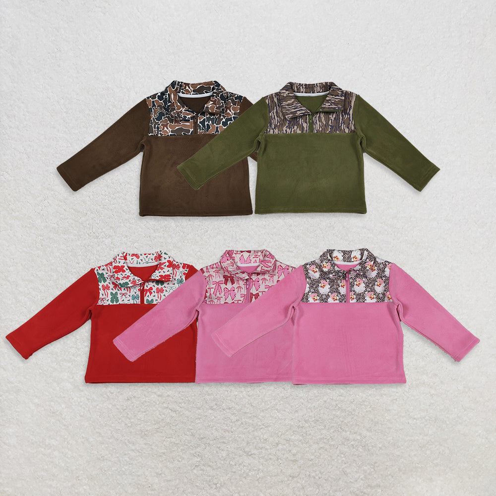 Sibling Baby Boys Girls Long Sleeve Bows Camo Zipper Pullover Sherpa Tops  D 1022