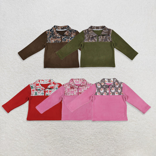 Sibling Baby Boys Girls Long Sleeve Bows Camo Zipper Pullover Sherpa Tops  D 1022