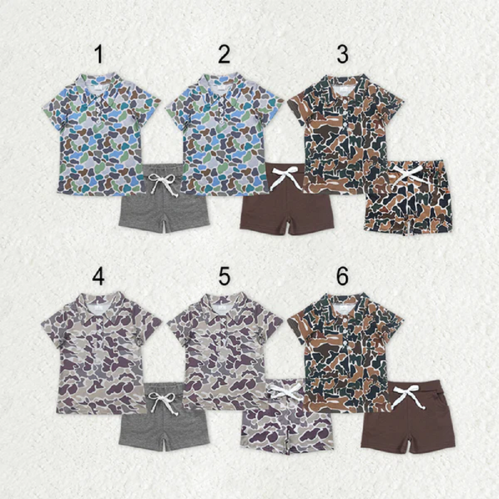 Sibling Baby Boys Camo Print Button Polo Shirts Pockets Short Western Set D 816