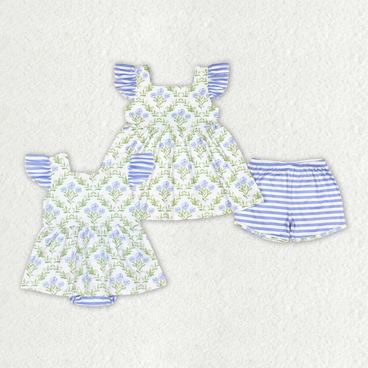 Match Baby Girls Green Blue Flowers Sibling Rompers Clothes Sets