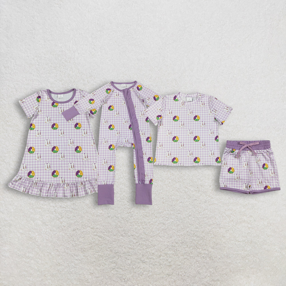 Sibling Baby Girls Mardi Gras Donuts Boot Checked Dress with Pocket Short Clothes Set Ruffle Zip Romper for Toddlers