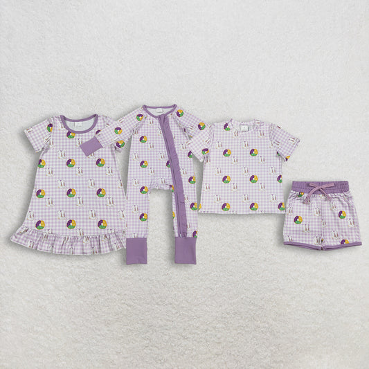 Sibling Baby Girls Mardi Gras Donuts Boot Checked Dress with Pocket Short Clothes Set Ruffle Zip Romper for Toddlers