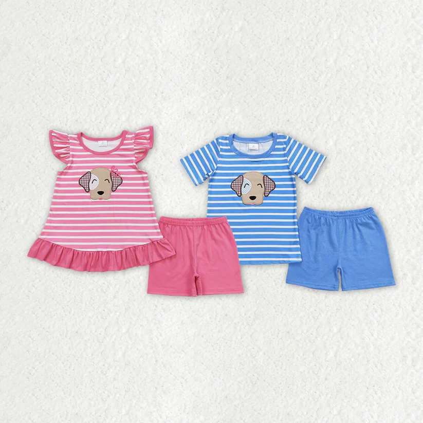 Match Embroidery Boys Baby Girls Stripes Dog Summer Clothes Sets D 4.19