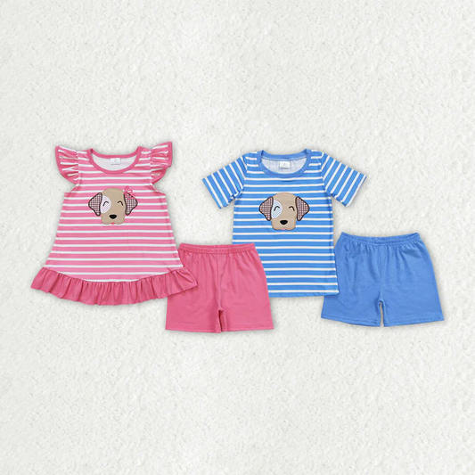 Match Embroidery Boys Baby Girls Stripes Dog Summer Clothes Sets D 4.19