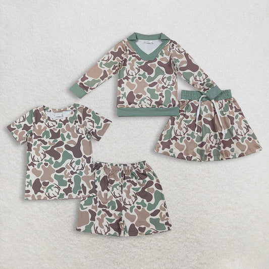 Sibling Baby Girls Deer Camo Long Sleeve Top And Skirt Set Green Brown Southern Hunting Theme with Shorts for Girls