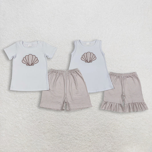 Sibling Embroidery Stripe Shells Baby Girls Tunic And Ruffle Shorts Set Baby Boys Shirt Top with Stripe Shorts Cute Baby Outfit Set