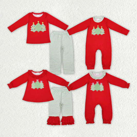 Sibling Kids Boys Girls Red Christmas Tree Rompers Clothing Sets  D 7.8