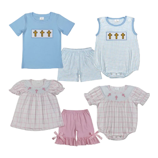 Match Embroidery Baby Boys Girls Easter Cross Rompers Outfits Sets