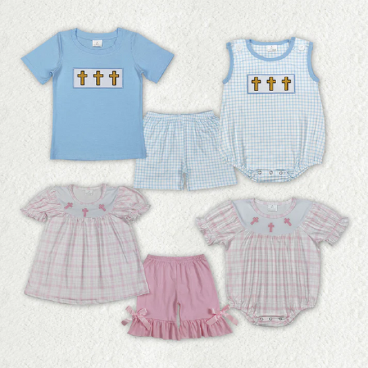 Match Embroidery Baby Boys Girls Easter Cross Rompers Outfits Sets D 3.10