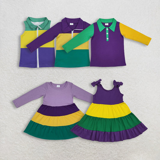 Sibling Baby Kids Mardi Gras Polo Shirts Knee-Length Dresses Short Sleeve Fashionable Clothing for Children