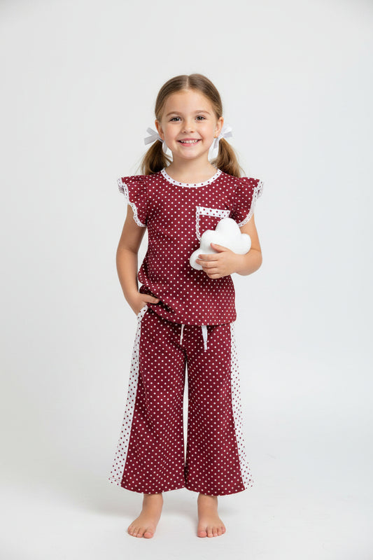 flutter sleeve maroon white polk dots pants set