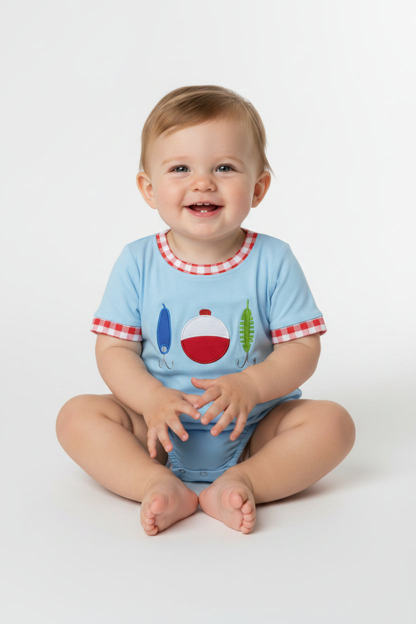 SR3577 gone fishing embroidery blue romper baby boy clothes