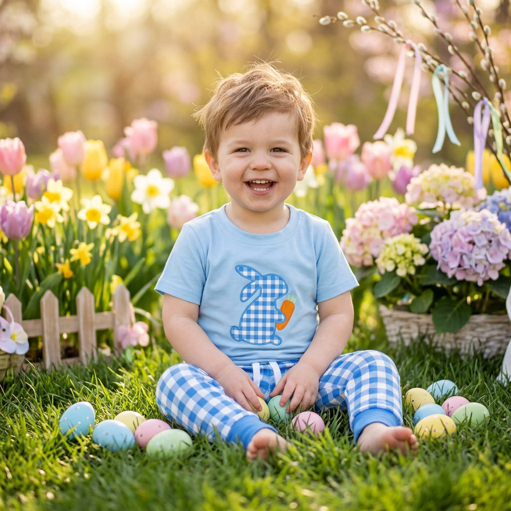 blue gingham bunny with carrot embroidery boys outfit