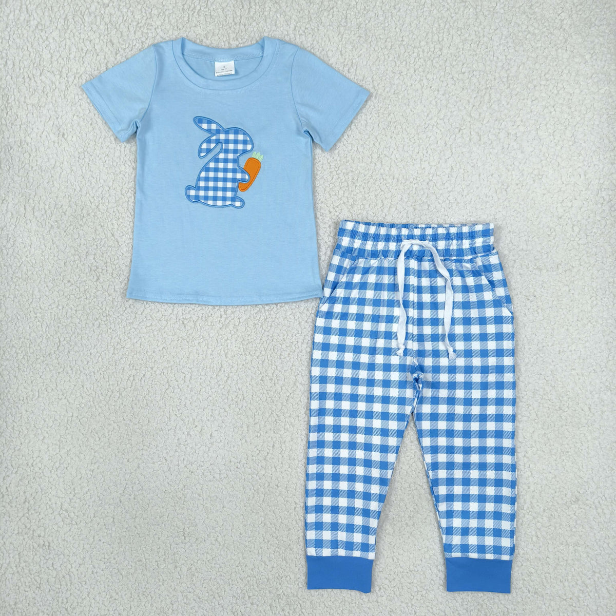 blue gingham bunny with carrot embroidery boys outfit