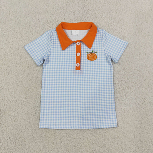 blue gingham pumpkin embroidery boy polo tee