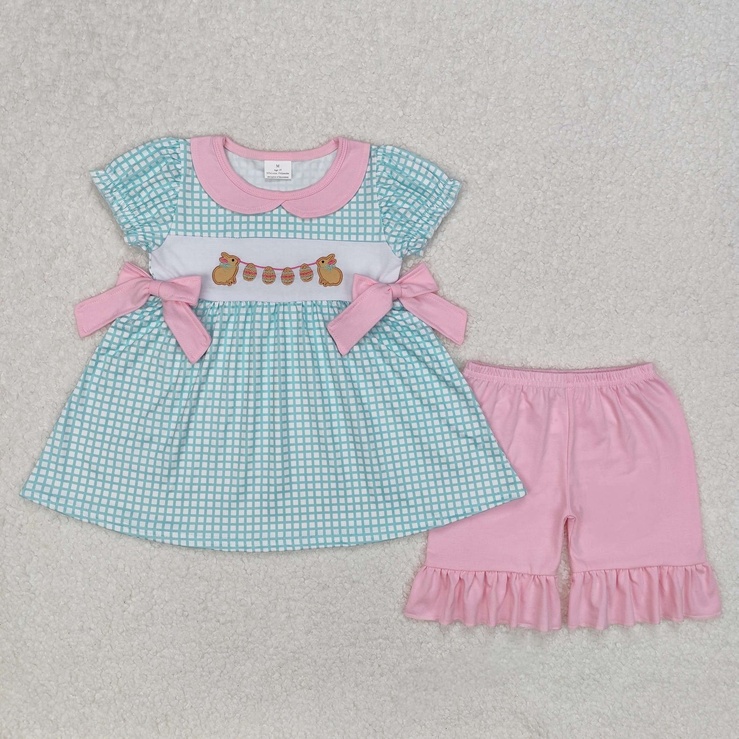 eggs bunny embroidery pink ruffle shorts set girl easter clothing