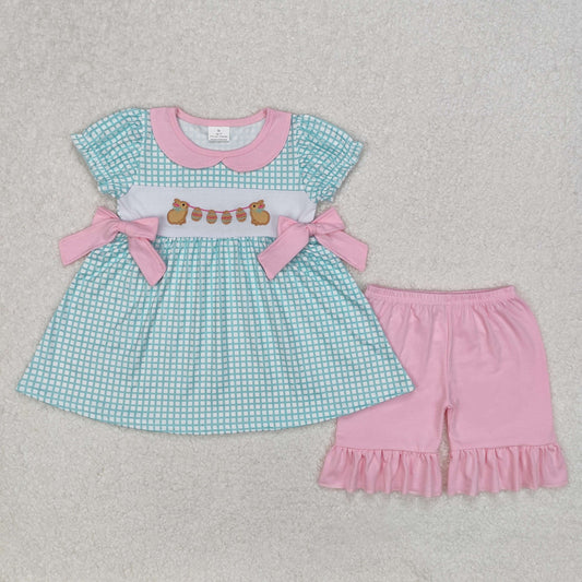 eggs bunny embroidery pink ruffle shorts set girl easter clothing