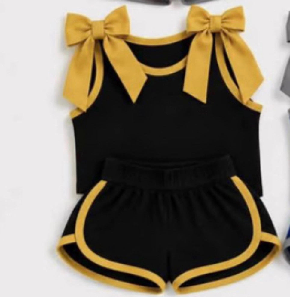 Custom order MOQ 3 Shannon black yellow bow tank shorts set