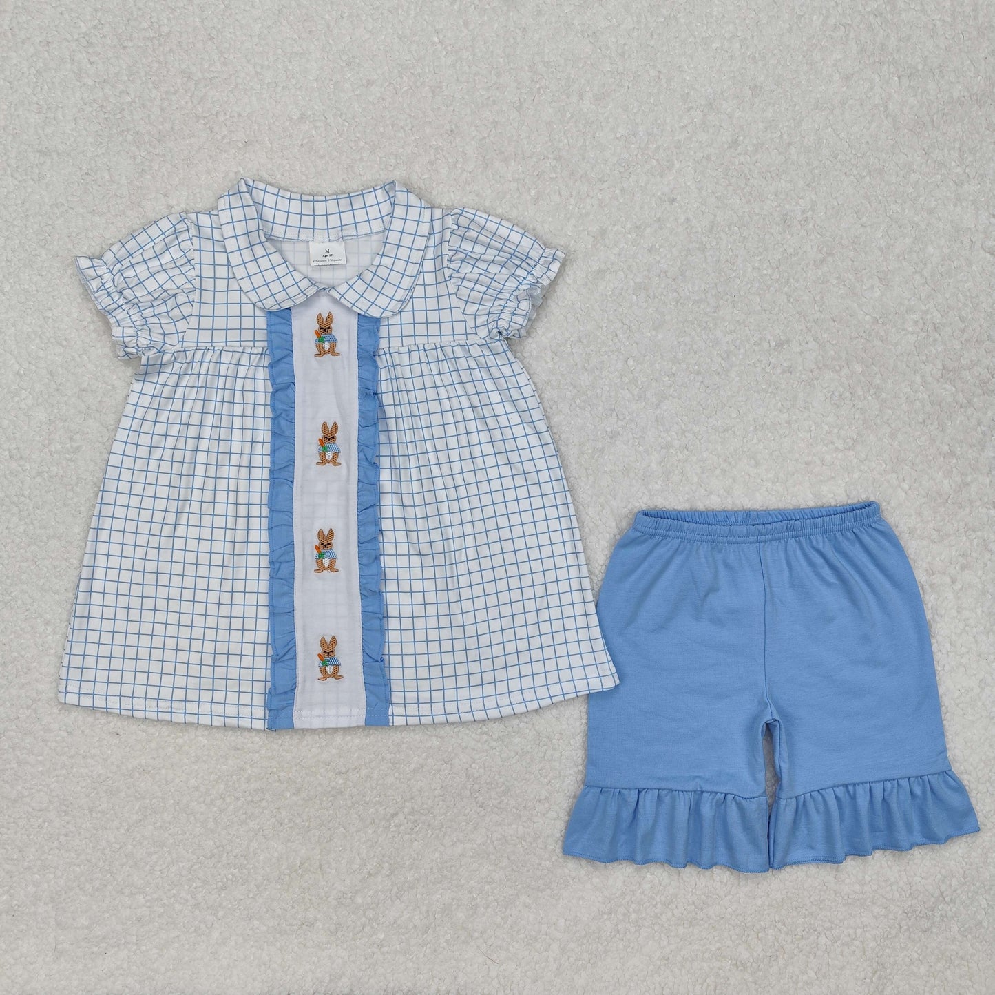 blue plaid bunny embroidered easter girls shorts outfit