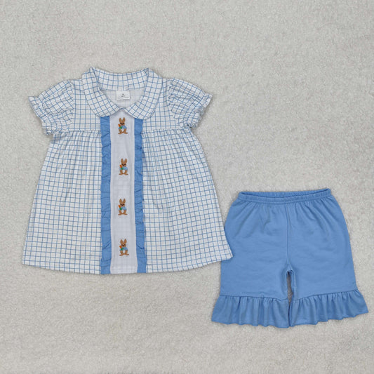 blue plaid bunny embroidered easter girls shorts outfit
