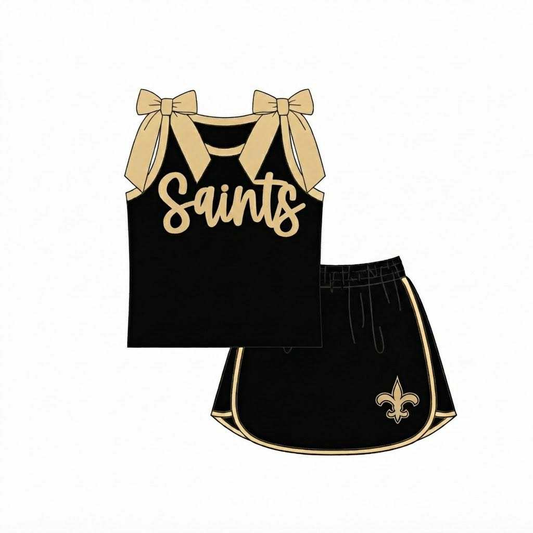 Custom order MOQ 3 Baby Girls Saints Bows Sleeveless Shirts Skirt Shorts Clothes Sets